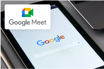 Google Meet logo over Photo of Google App on Smart phone