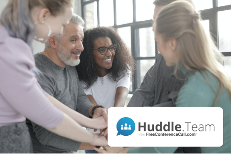 A group of people huddling with Huddle Team logo